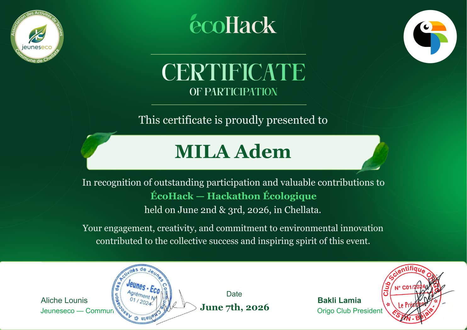 EcoHack 2026 Participation Certificate certificate